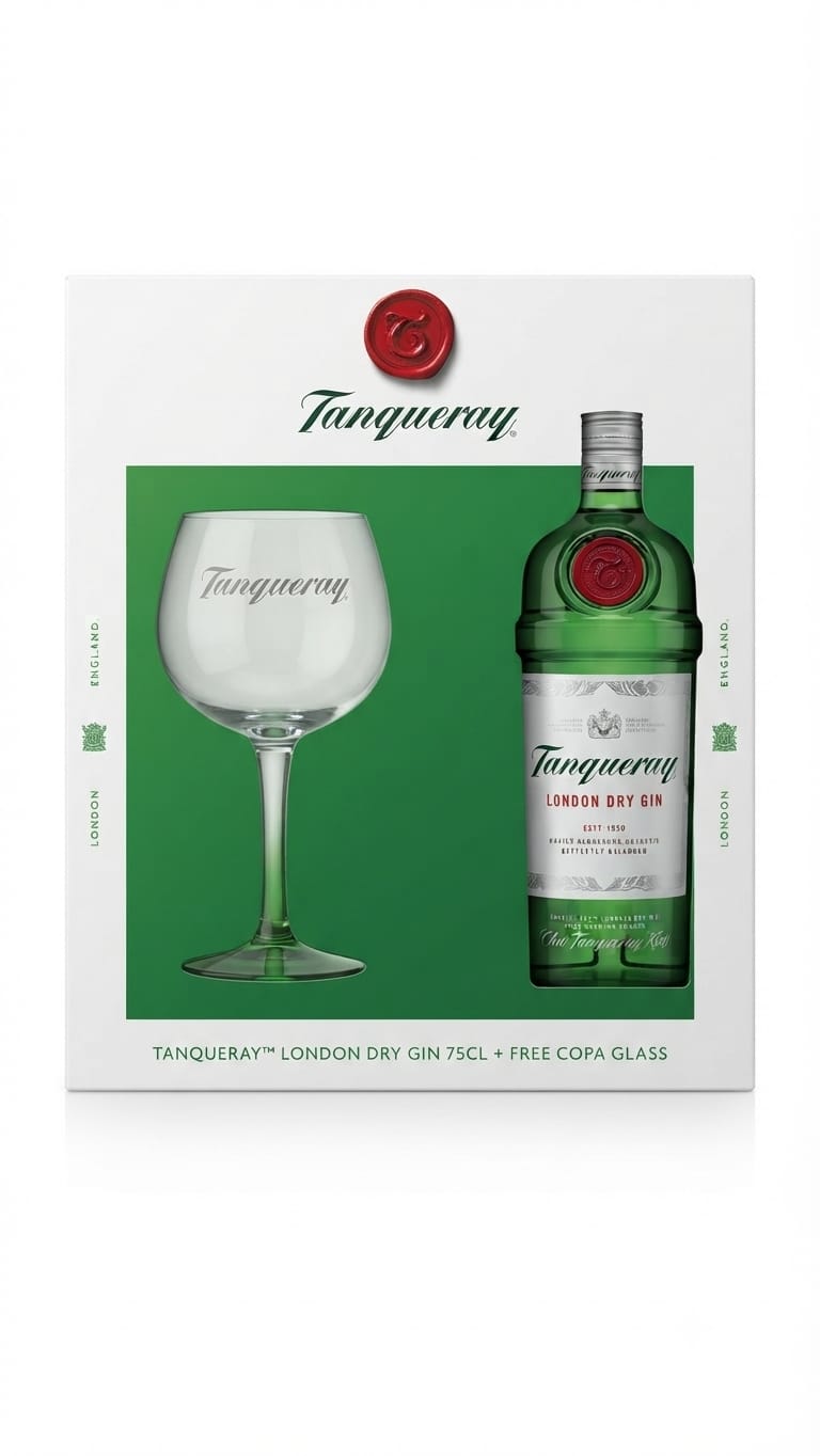 TANQUERAY GIN 750ML BOTTLE AND A BRANDED COPA GLASS